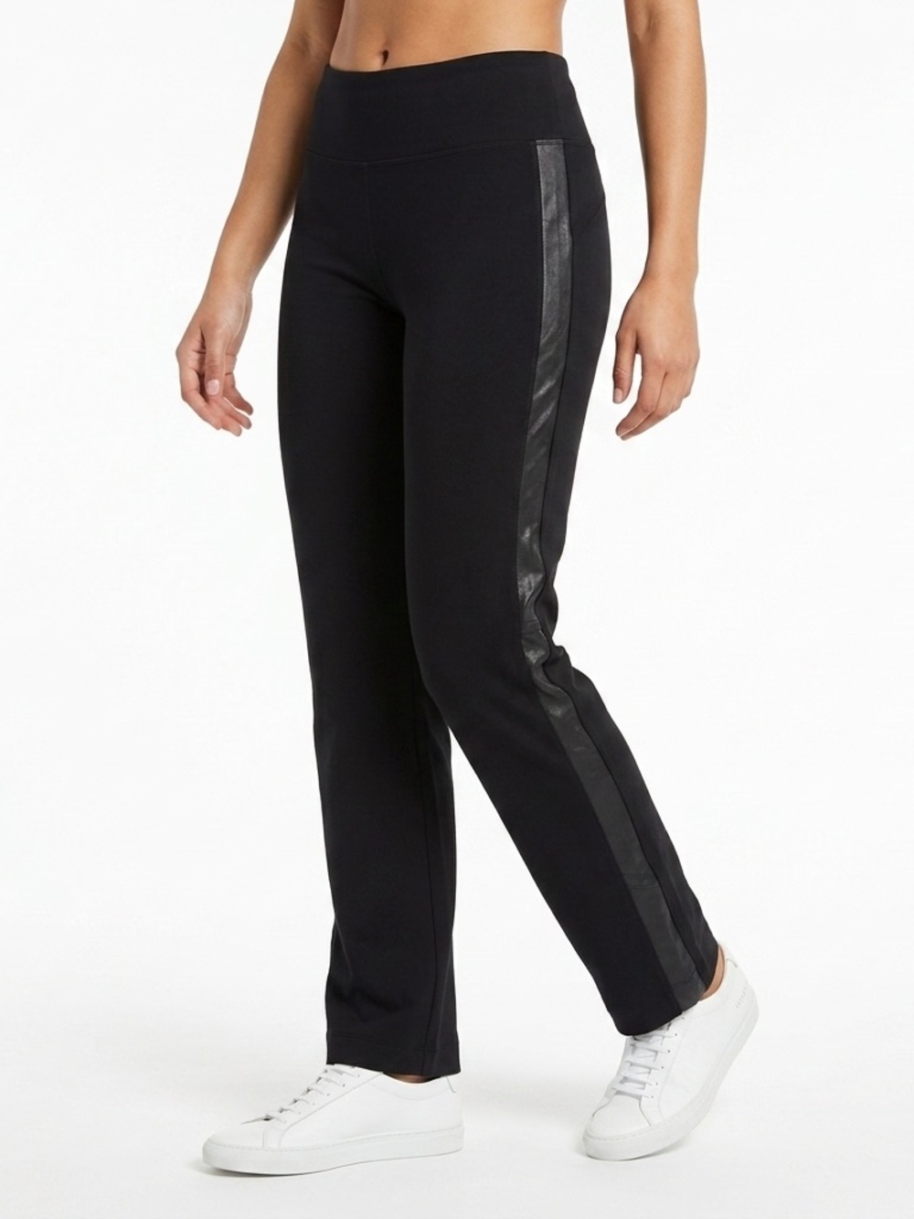 Eileen Fisher Straight Pants Leather Tuxedo Stripe Tencel Ponte Black XL